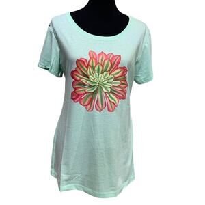 New Hand Printed Large Pink Green Succulent Cactus Cotton Blend Short Sleeve Tee